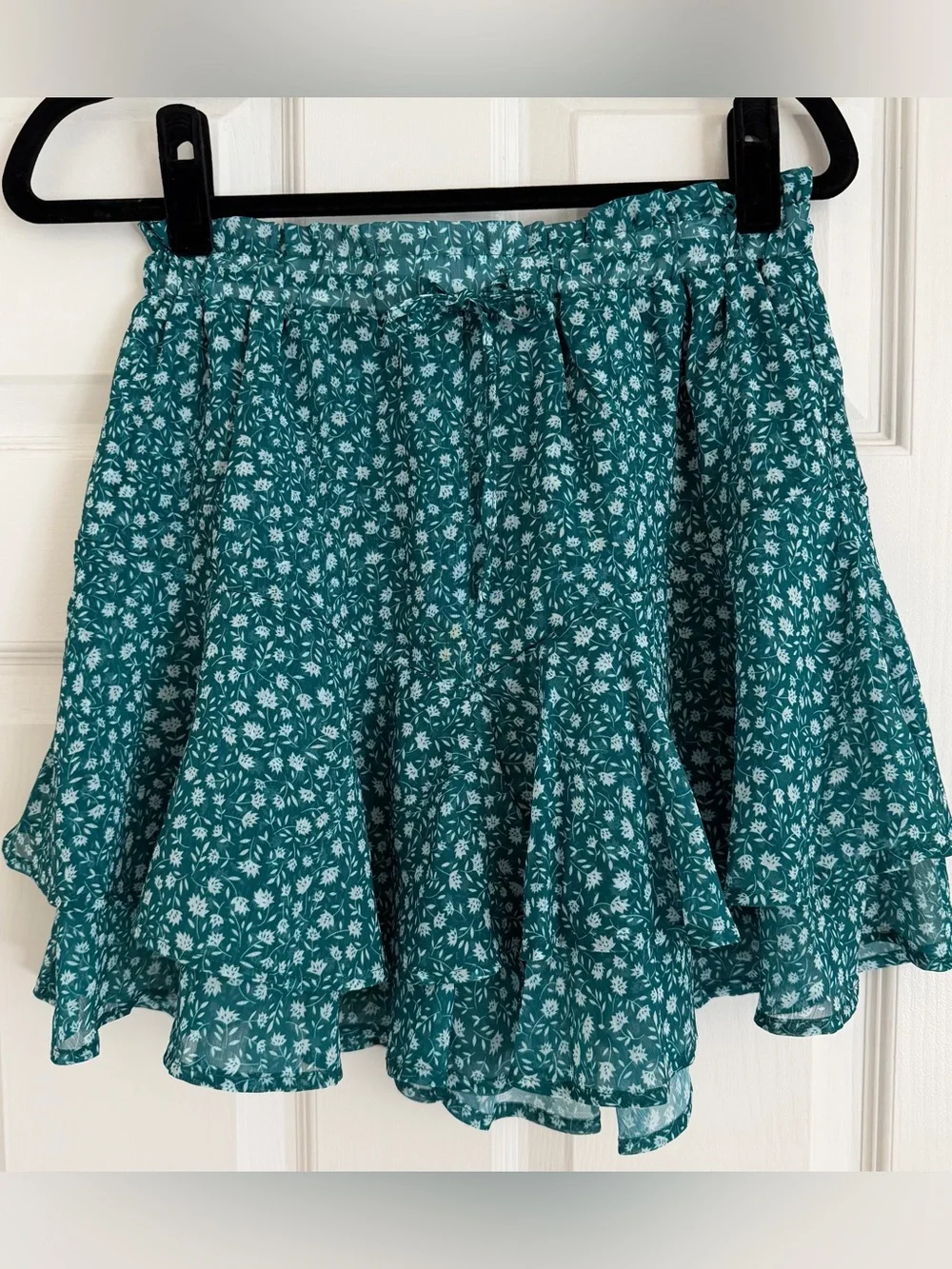 Floral Tiered Ruffle Skort Teal White Boho Cottagecore Elastic Waist S
